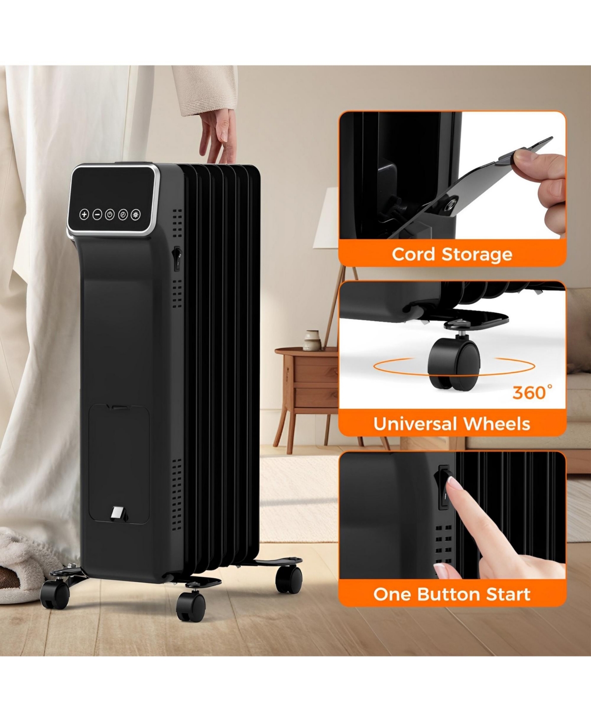 Skonyon 1500W Oil Filled Radiator Heater with Remote Control 3 Modes 24H Timer- Black