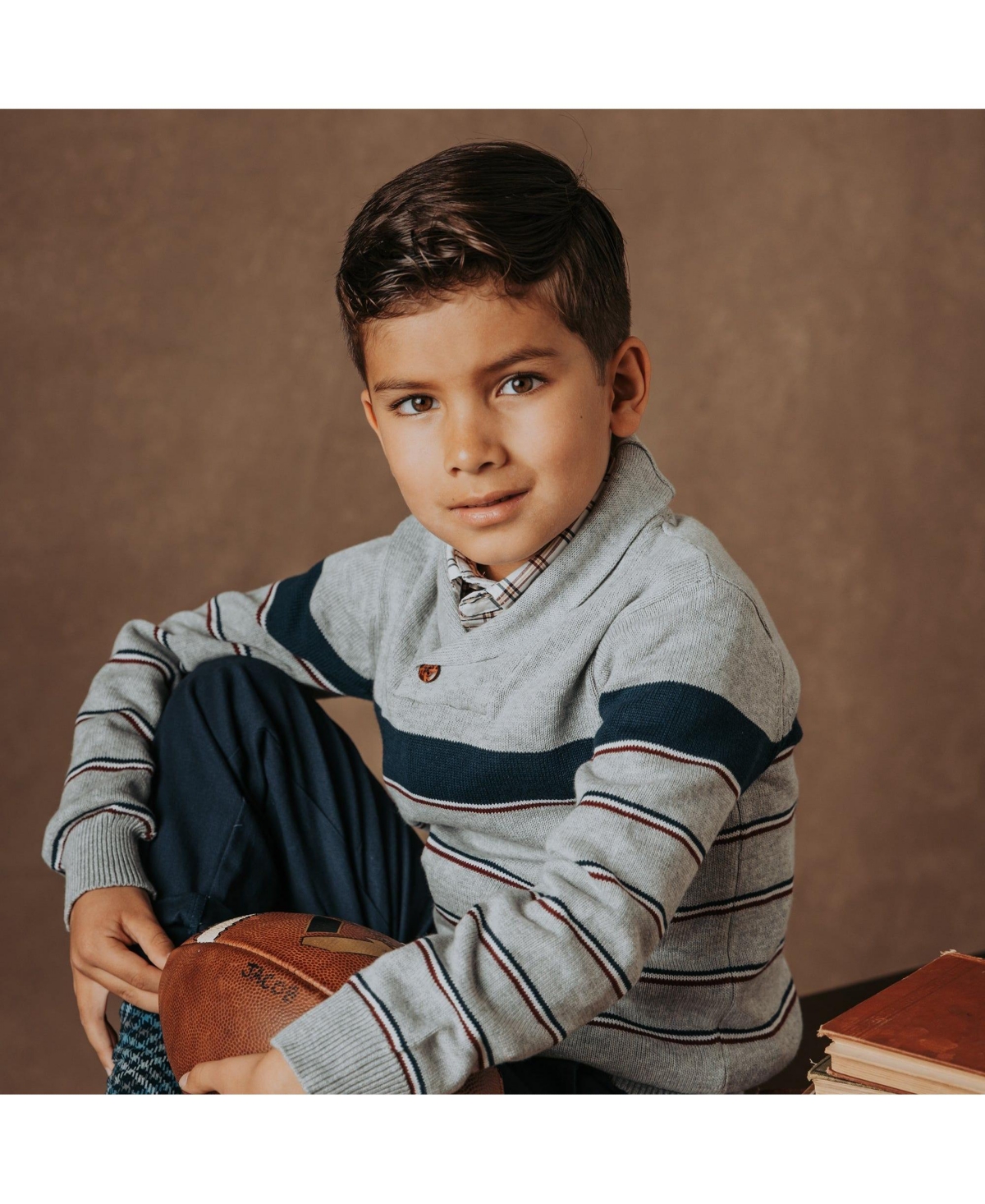 Hope & Henry Boys Organic Long Sleeve Shawl Collar Sweater with Engineered Stripe