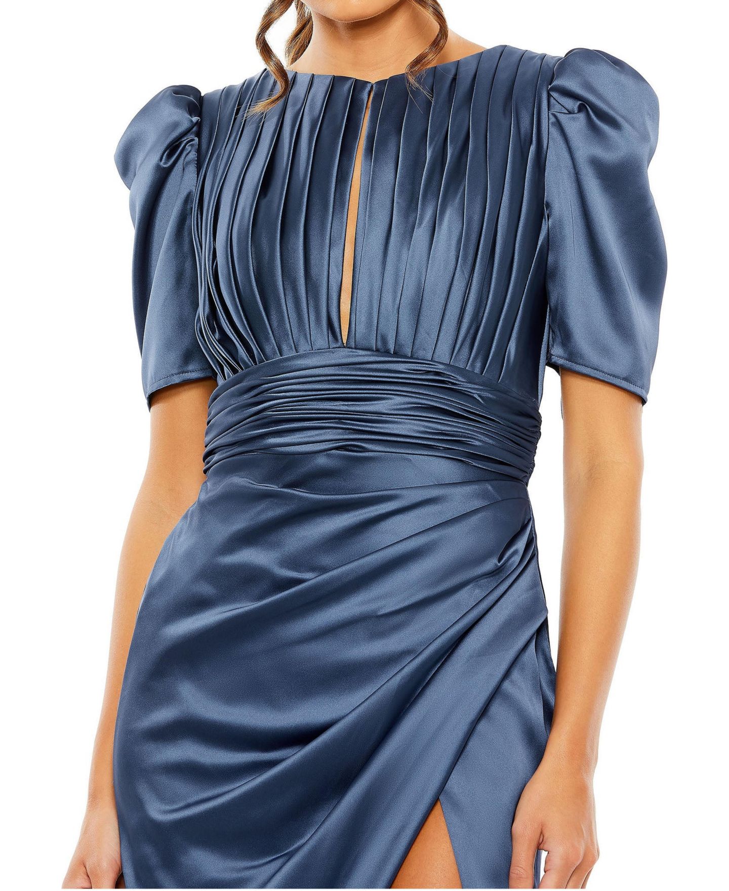Женские платья Mac Duggal Puff Sleeve Pleated Bodice Draped Gown, цвет: Тёмно-синий — фото 3
