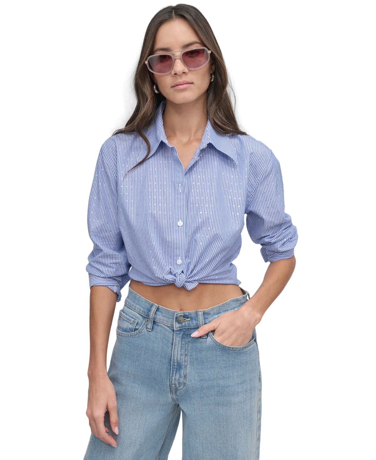 DKNY JEANS PETITE COTTON BUTTON-FRONT STUDDED SHIRT 
