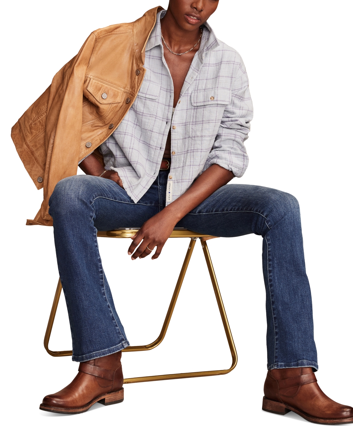 Shop Lucky Brand Women's Cotton Raw-edge Cropped Plaid Shirt In Blue Plaid