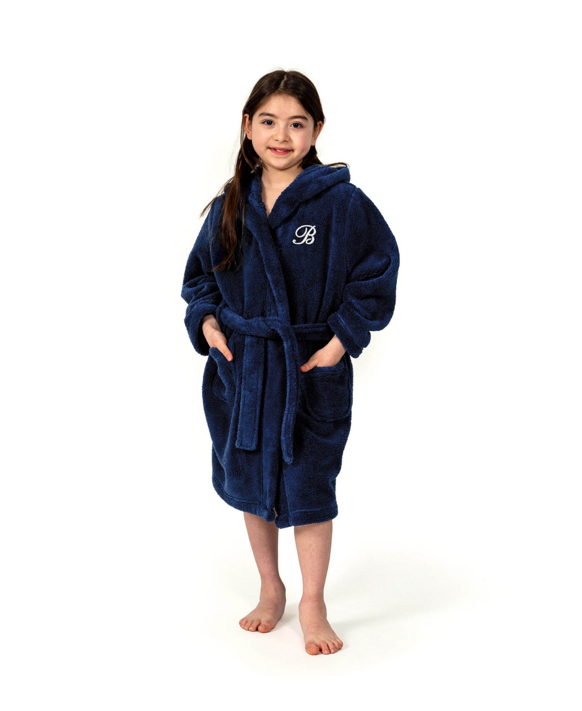 Linum Home Personalized Kids Super Plush Hooded Bathrobe In B Navy,white
