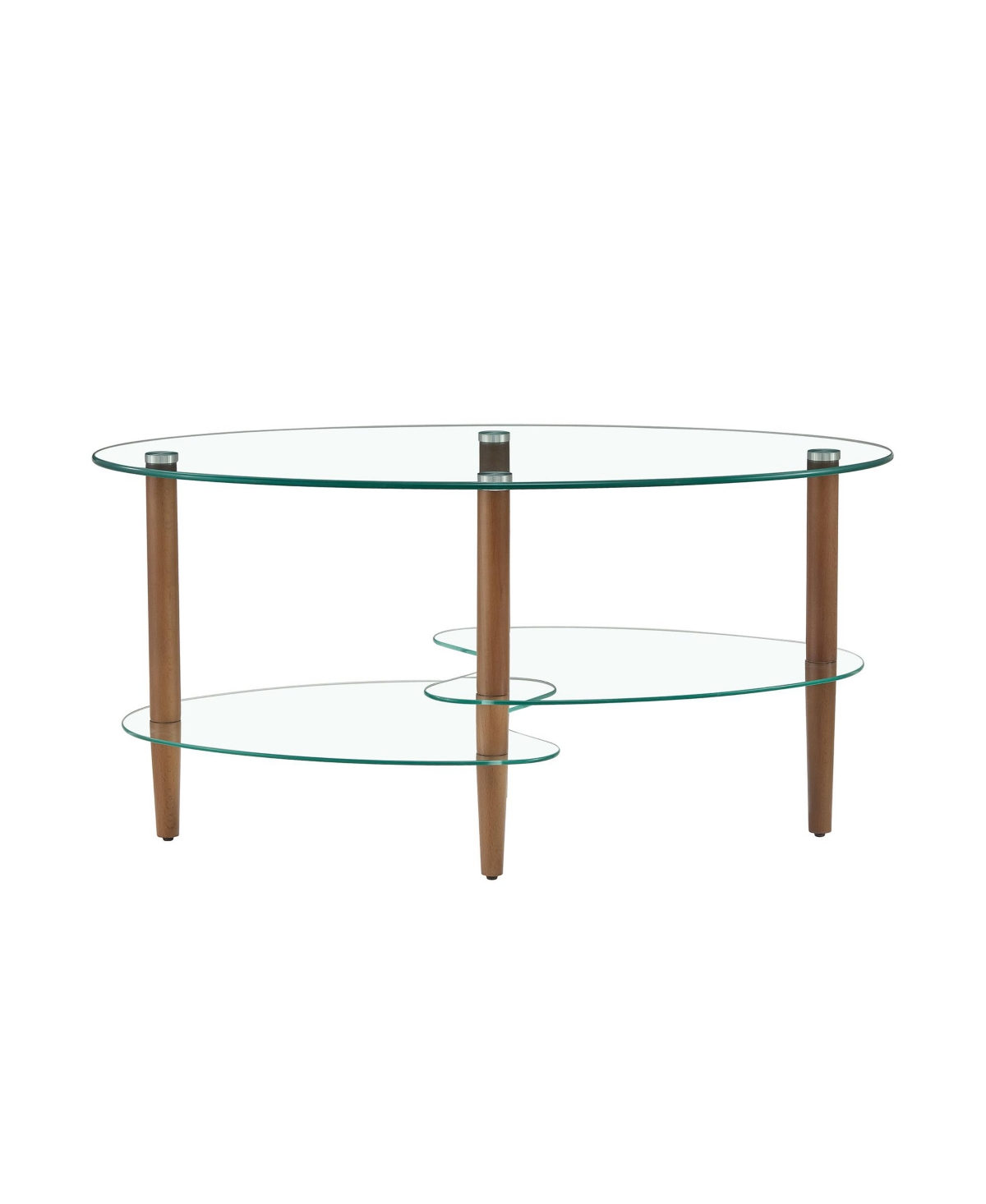 Slickblue Modern Transparent Oval Glass Coffee Table with Oak Wood Legs 3-Layer Living Room Tea Table