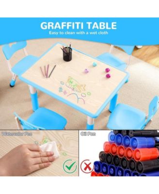 Modern Kids Table and 6 Chair Set, 47.20" Height Adjustable Toddler Table and 6 Chairs Set with Non-Slip Table Legs&Organizer Graffiti