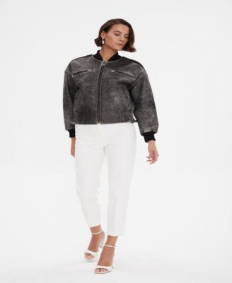 Women's Leather Bomber Jacket, Black