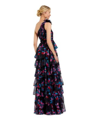 Women's One Shoulder Printed Chiffon Tiered Ruffle Gown