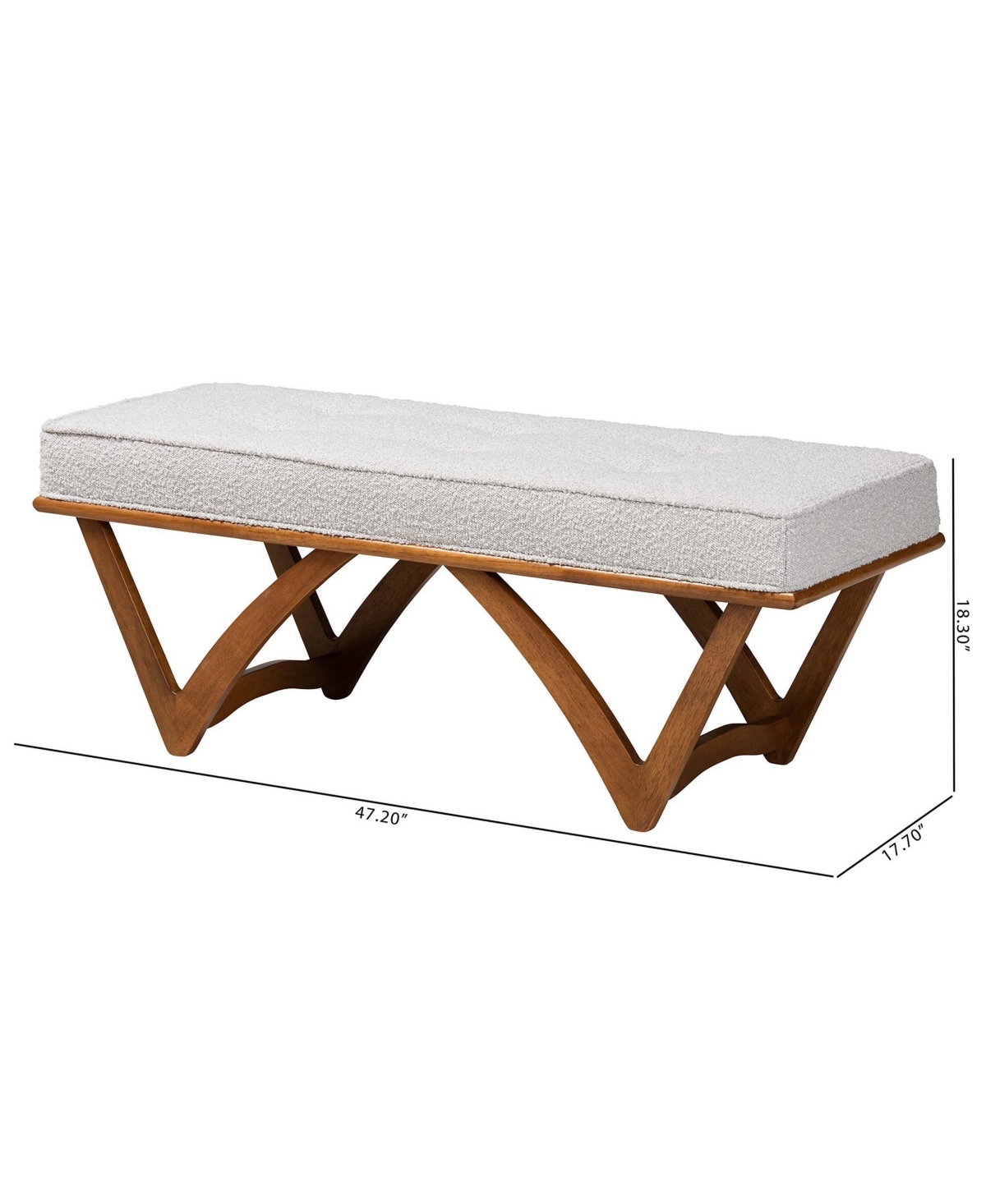 Baxton Studio Chenoa JapandiBoucle Fabric and Walnut Brown Finished Wood Bench - Light grey/walnut brown