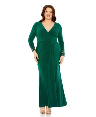 Women's Long Crystal Detail Sleeve V Neck Gown
