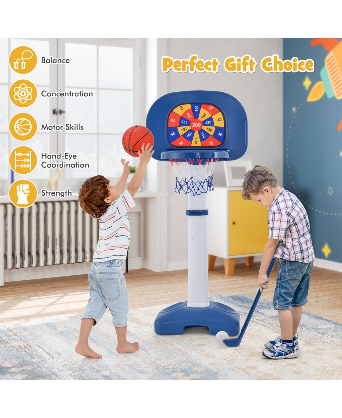 Gymax 4-In-1 Kids Adjustable Basketball Hoop Goal Toy W/Ring Toss Sticky Ball Golf Set - White+blue