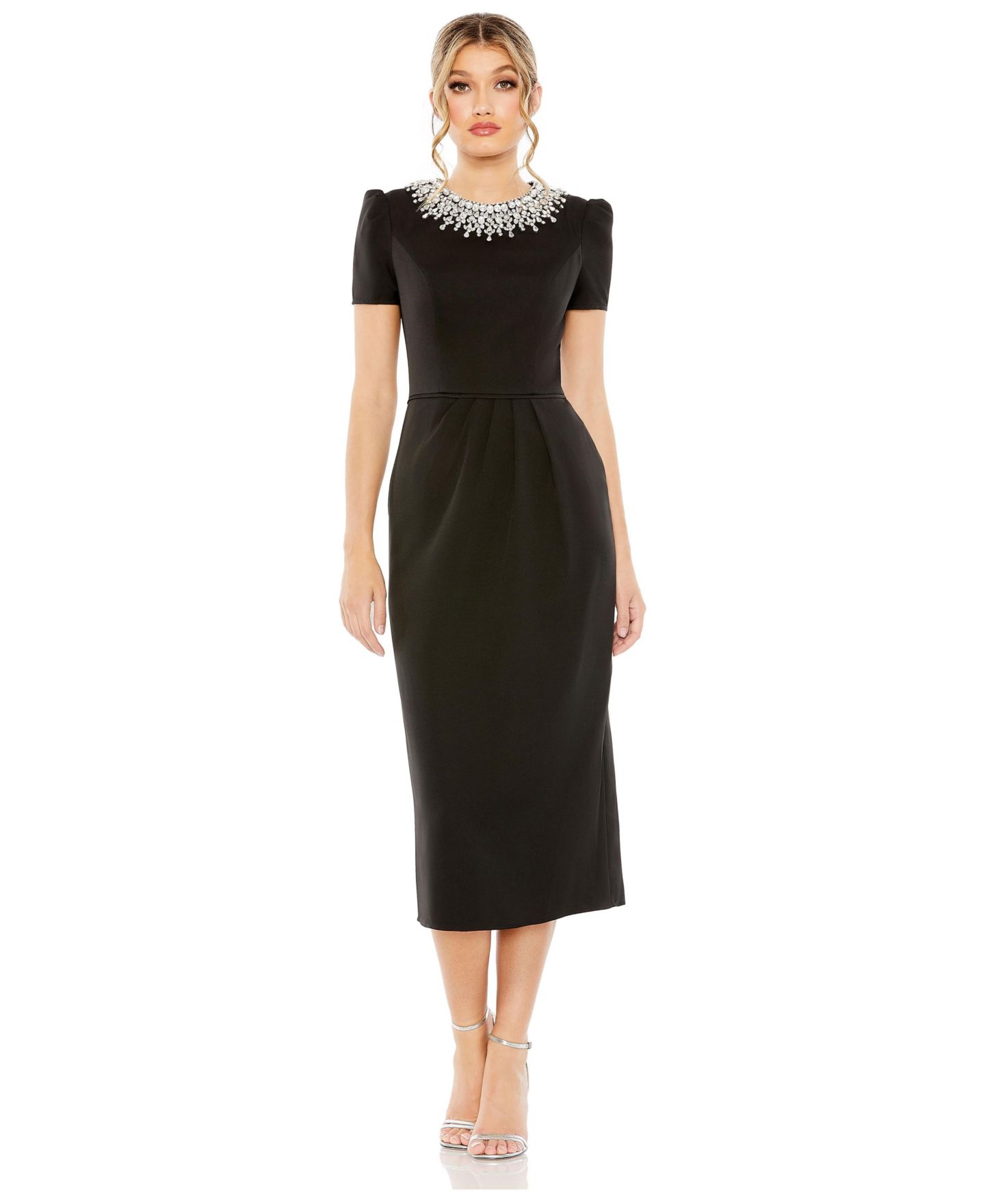 Женское платье Mac Duggal Short Sleeve Rhinestone Neckline Sheath, цвет: Чёрный — фото 1