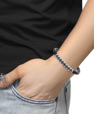 EFFY&reg; Men's Black Spinel Woven Black Leather Bracelet (1/6 ct. t.w.) in Sterling Silver