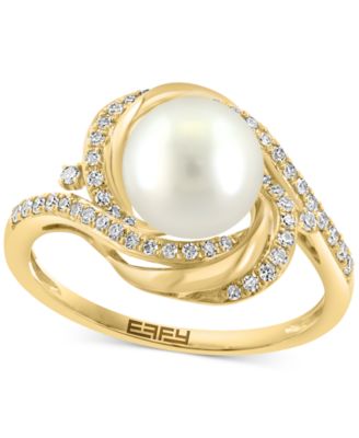 EFFY Collection - Cultured Freshwater Pearl (8mm) & Diamond (1/4 ct. t.w.) Swirl Statement Ring in 14k Gold