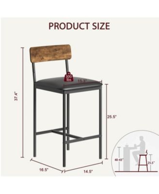 Bar Stools Set of 2, Kitchen Bar Stools with Footrest, 25.5 Inches Upholstered Bar Chairs with Back, 2 Counter Height Barstools for Counter Bar, Island, Easy Assembly