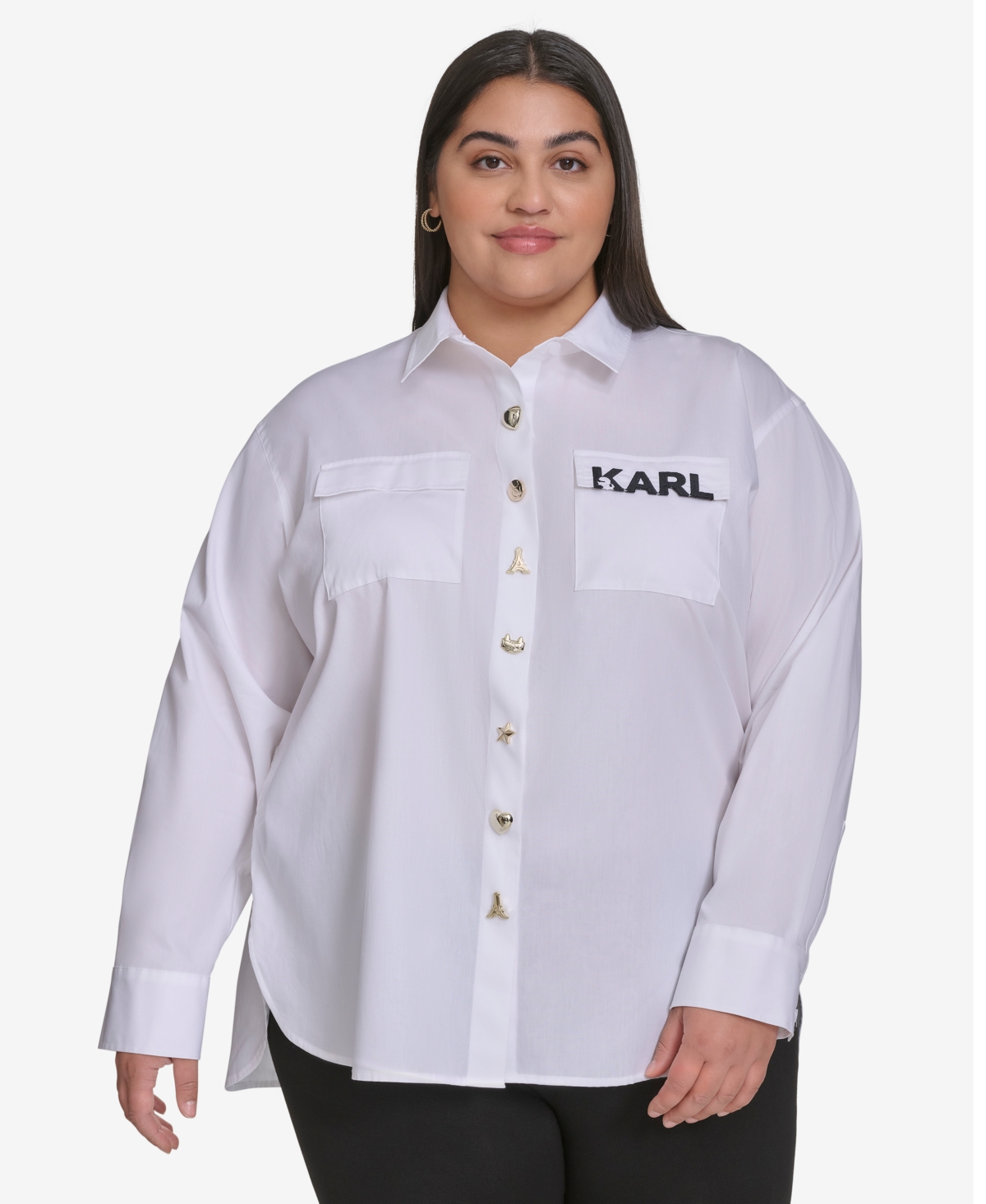 KARL LAGERFELD PLUS SIZE COTTON POPLIN MOTIF BUTTON-UP SHIRT, EXCLUSIVELY AT MACY'S 