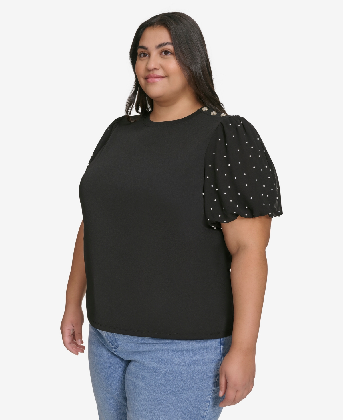 KARL LAGERFELD PLUS SIZE EMBELLISHED PUFF-SLEEVE T-SHIRT, EXCLUSIVELY AT MACY'S 