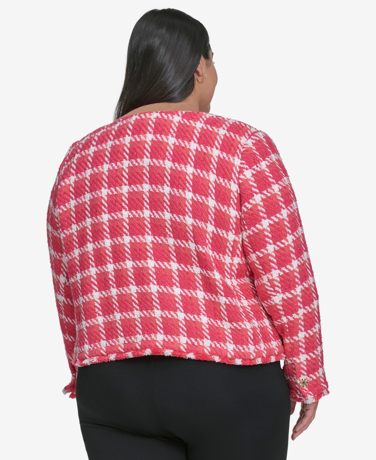 Karl Lagerfeld Plus Size Open Tweed Short Jacket, Exclusively At Macy's In Tea Berry Sunset Coral