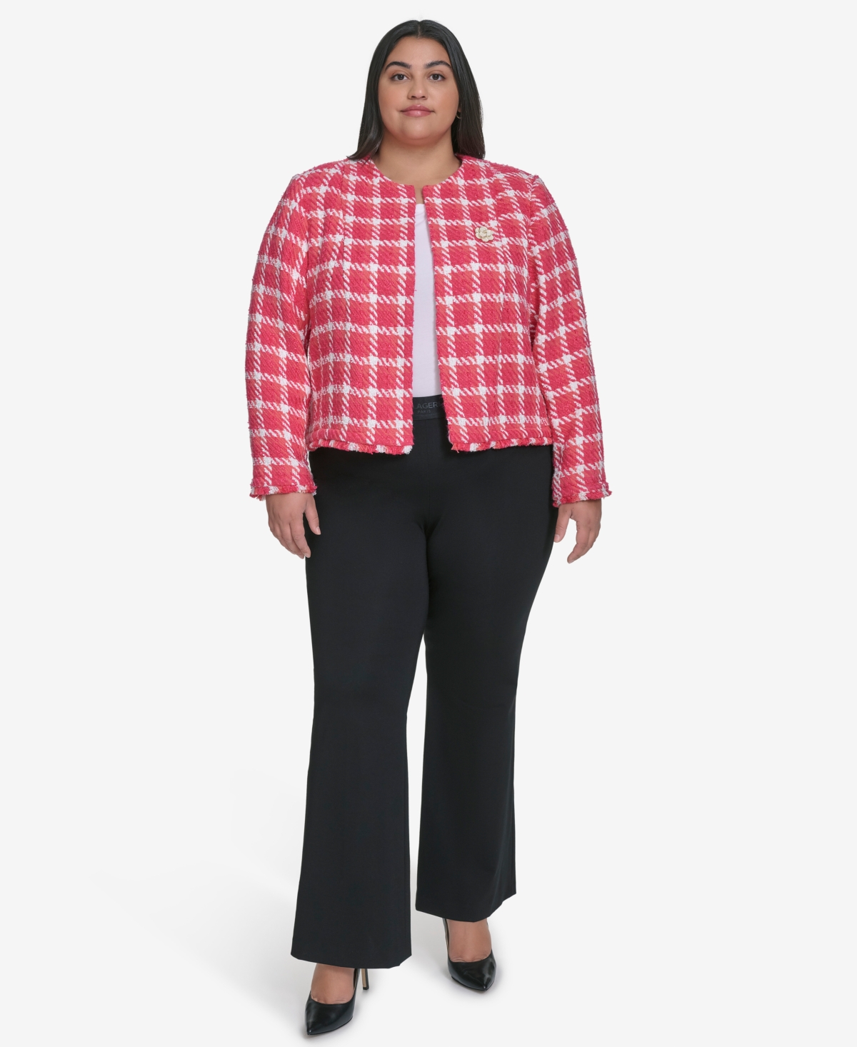 Karl Lagerfeld Plus Size Open Tweed Short Jacket, Exclusively At Macy's In Tea Berry Sunset Coral