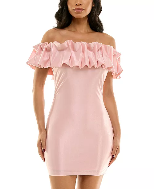 juniors' ruffled-off-the-shoulder bodycon shimmer dress