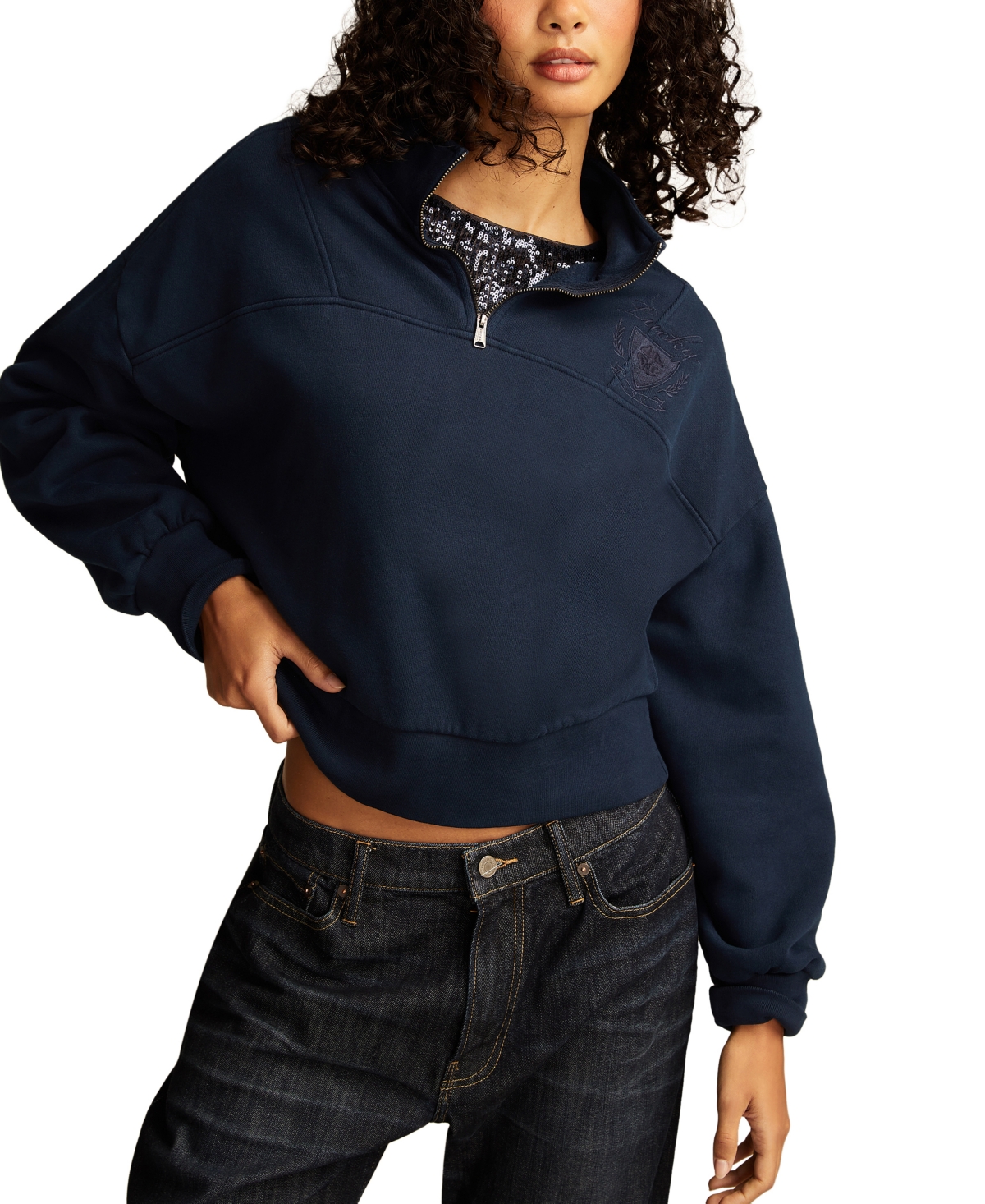 Shop Lucky Brand Women's Half-zip Lucky Fleece Cotton Sweatshirt In Black Iris