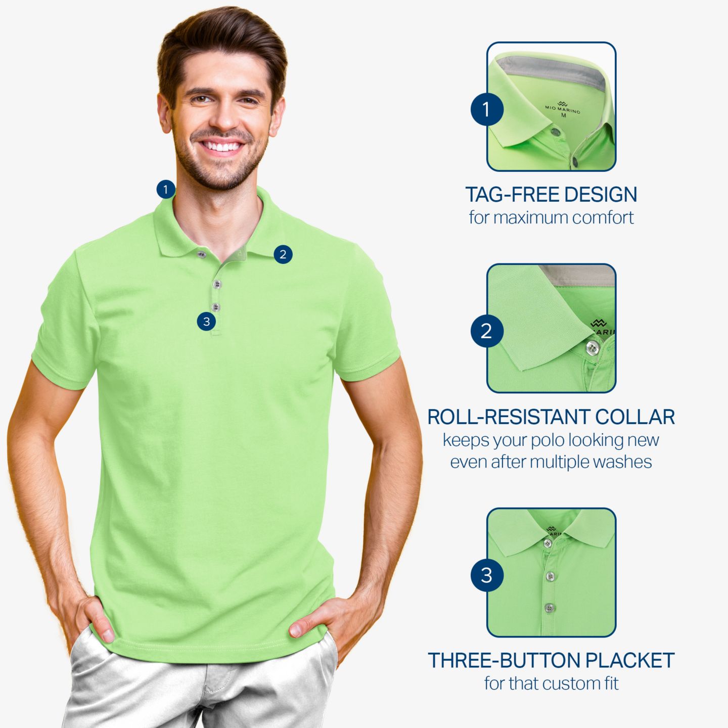 Мужское поло Mio Marino Lightweight Performance Stretch Golf Polo Shirt, Breathable Fit, цвет: Лаймовый зелёный — фото 7