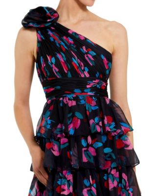 Women's One Shoulder Printed Chiffon Tiered Ruffle Gown