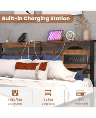 Queen Size Bed Frame with Charging Station and Storage Headboard