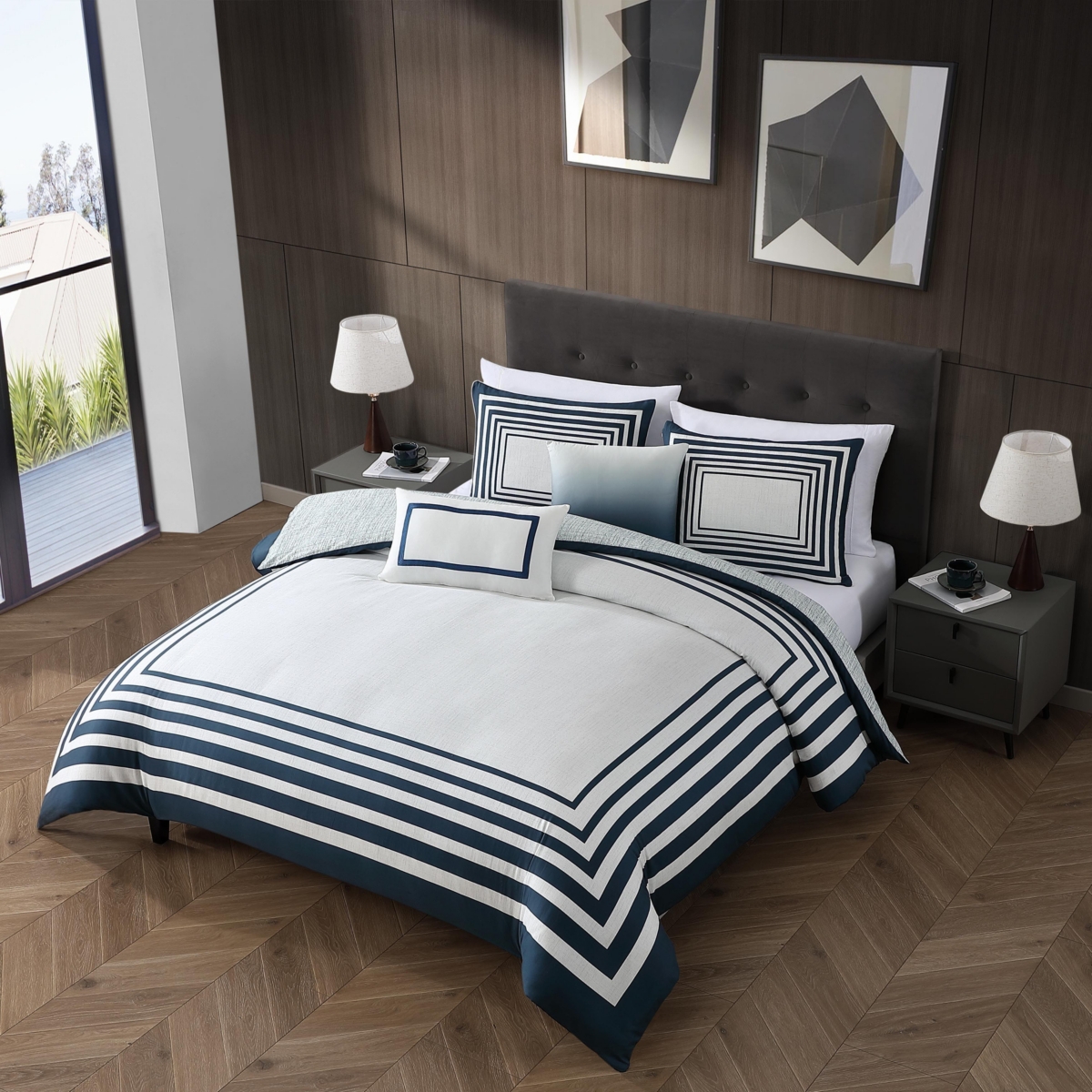 Bebejan Frames Bedding 200 Thread Count 100% Cotton Sateen 5 Piece Size Reversible Comforter Set
