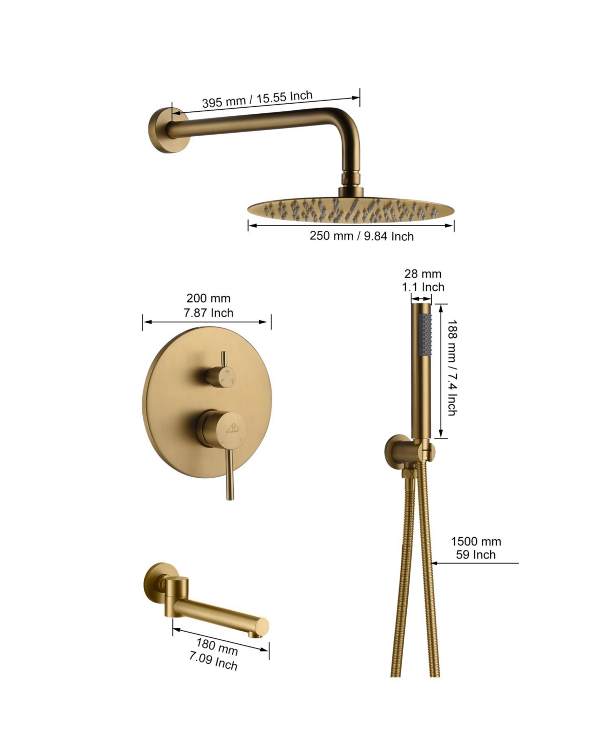 Casainc Inch Wall Mounted Round Shower System Set with Handheld Spray & Rotating Tub Spout