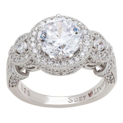 Suzy Levian Sterling Silver Round Cubic Zirconia French Filigree Ring
