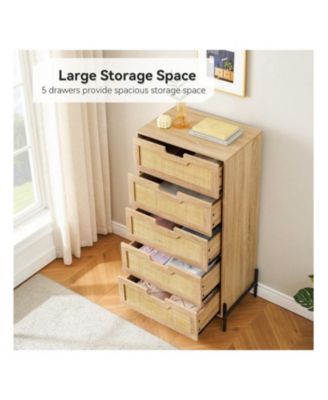 modern rattan design with 5 drawers for storage, wood, double dresser