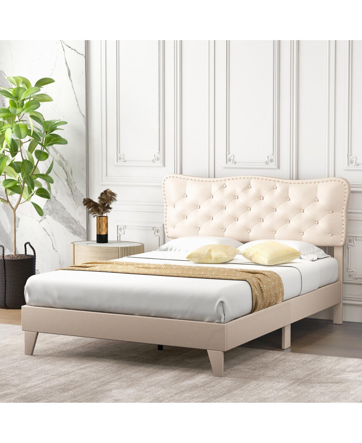 Sugift Full Size Bed Frame with Nail Headboard and Wooden Slats