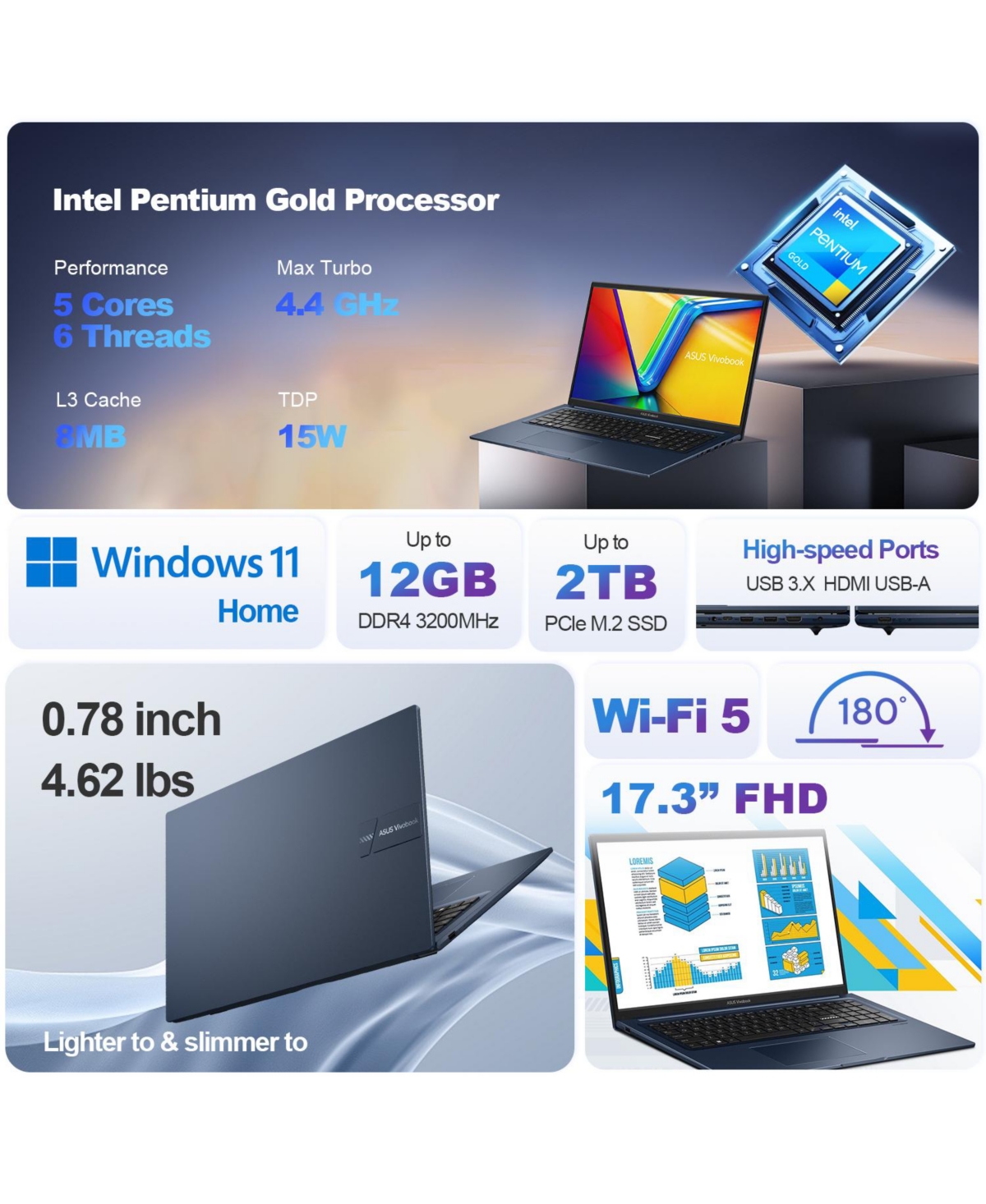 Asus Vivobook 17 Daily Traditional Laptop Intel Pentium Gold 8505 4GB Ram Intel Uhd Graphics 128GB Ssd Storage Windows 11 Home Fhd 60Hz