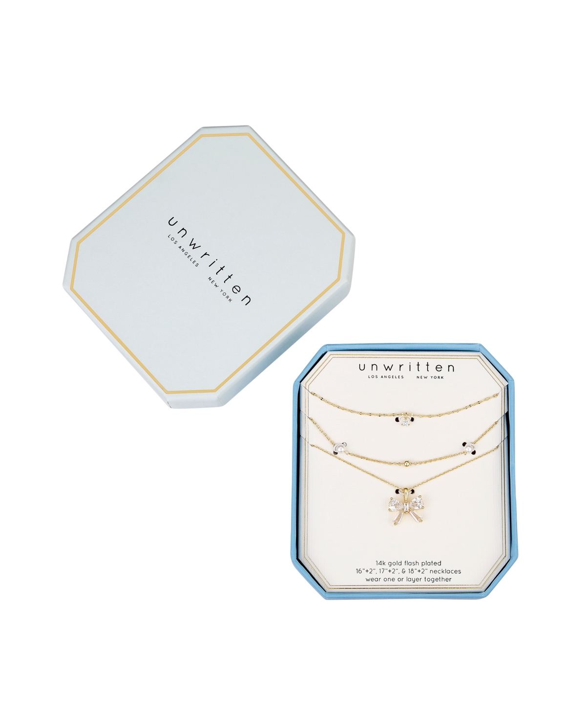 Unwritten Cubic Zircoina And Mother Of Pearl Bow Layered Pendant Necklace Set In Gold