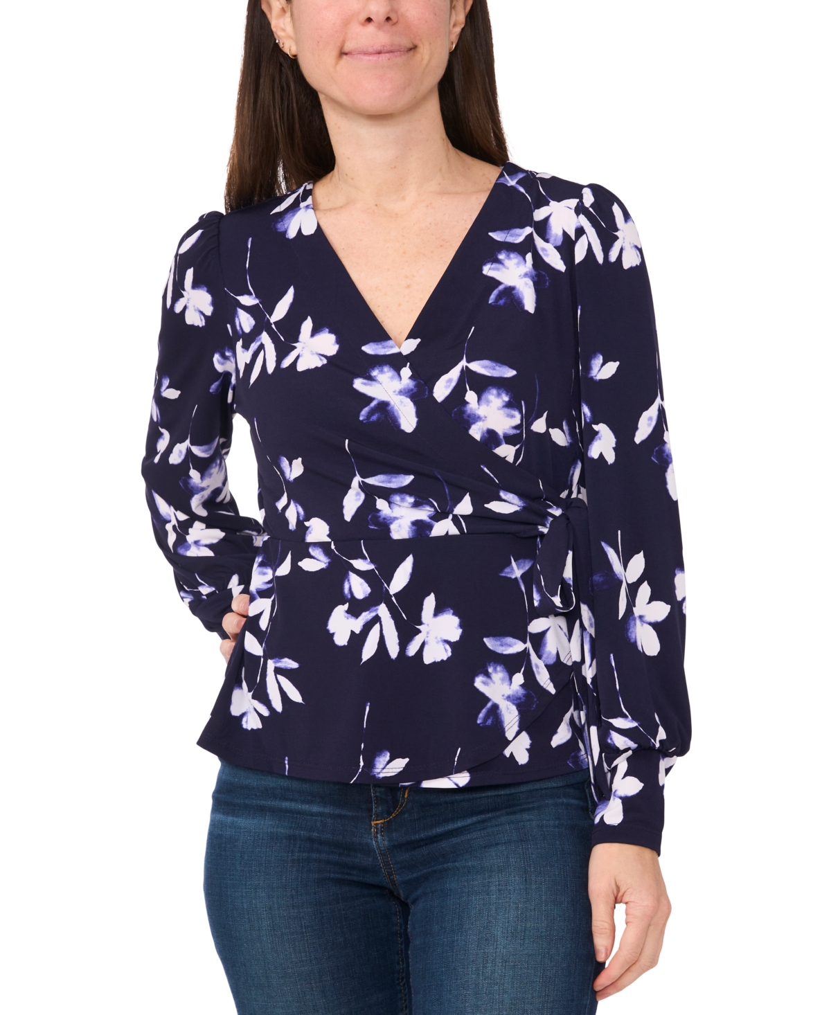SAM & JESS PETITE PRINTED FAUX-WRAP LONG-SLEEVE TOP 