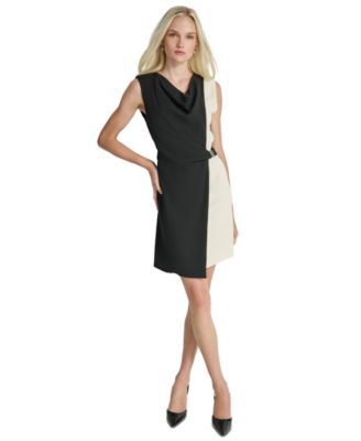 DKNY - Petite Colorblocked Drape-Neck Sleeveless Dress