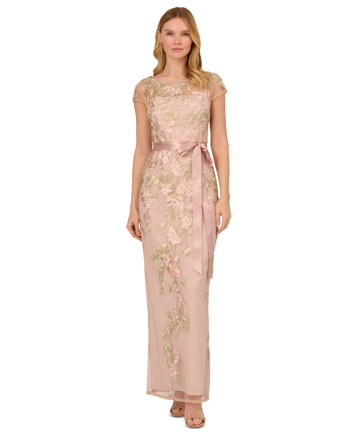 Adrianna Papell Women's Floral-Embroidered Column Gown -Nude Multi