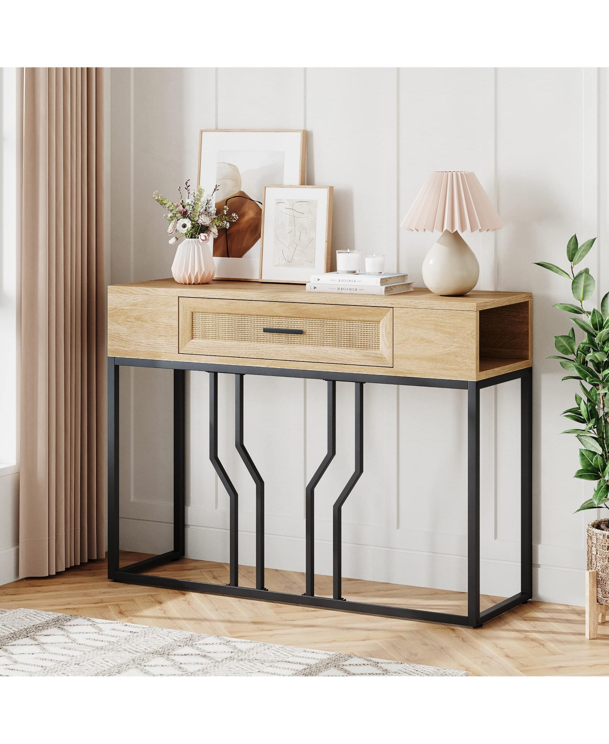 gaomon Console Table, Sofa Tables Rattan Entryway Table with Storage Drawer -pastel Brown