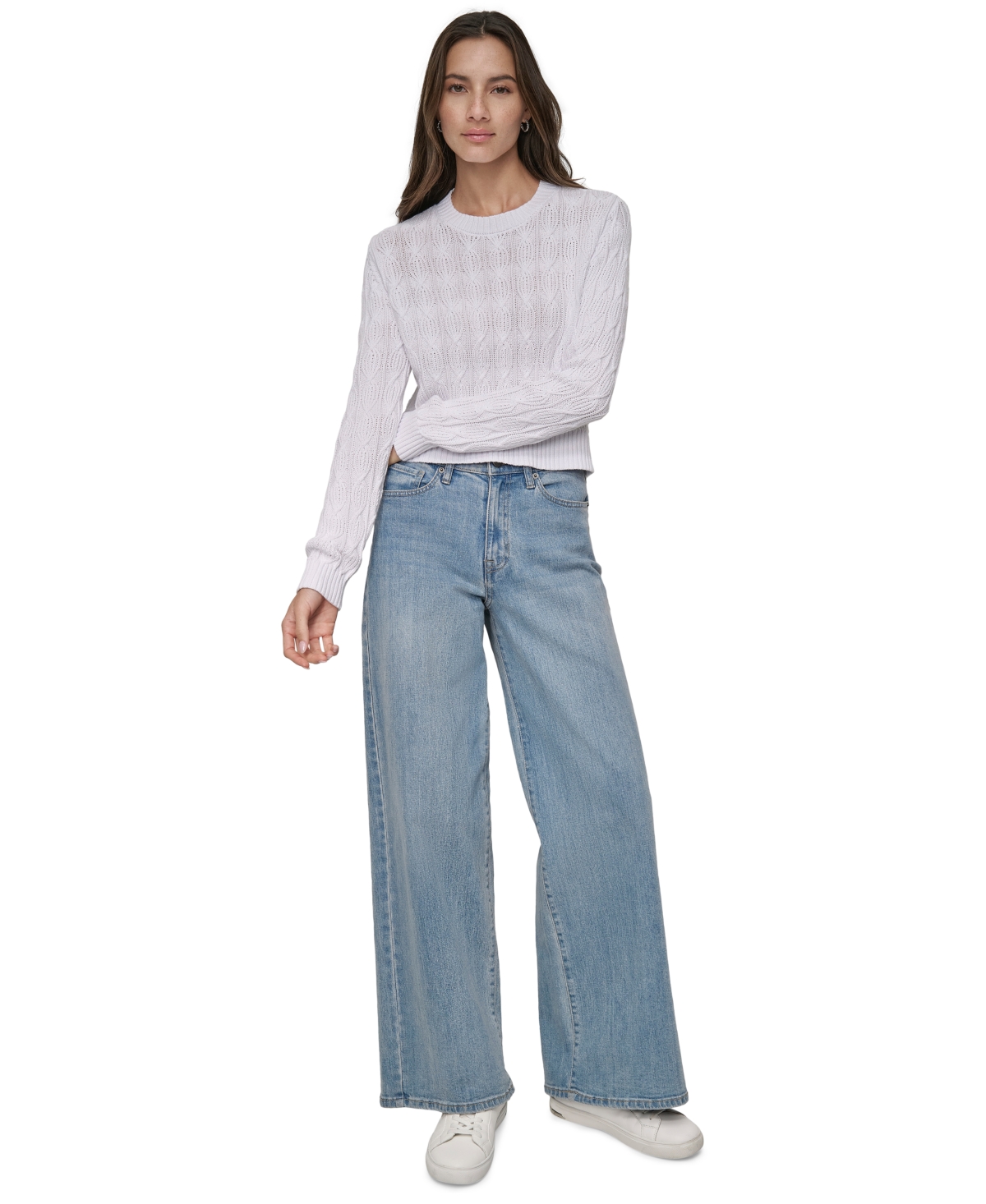 DKNY JEANS WOMEN'S LONG-SLEEVE COTTON CABLE-KNIT CREWNECK SWEATER 