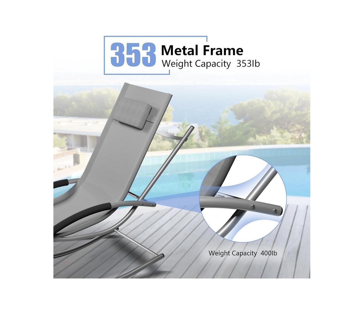 gaomon Outdoor Patio Chaise Lounge Set of 2, 3 Pieces Rocking Lounge Chairs with Arm, Headrests Side Table, Beach Sunbathing Lawn Iron Chairs for Outs