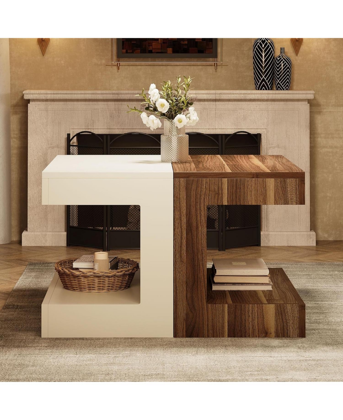 Tribesigns Square Coffee Table, Creative Combination Splicing Side Table, 2-Tier Vintage Center Table for Living Room, Bedroom, Small Space - Wh