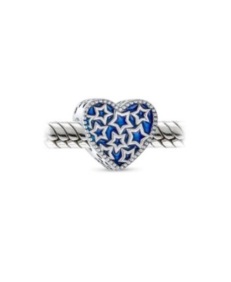Patriotic Midnight Blue Stars Heart Charm Bead Sterling Silver Bracelet