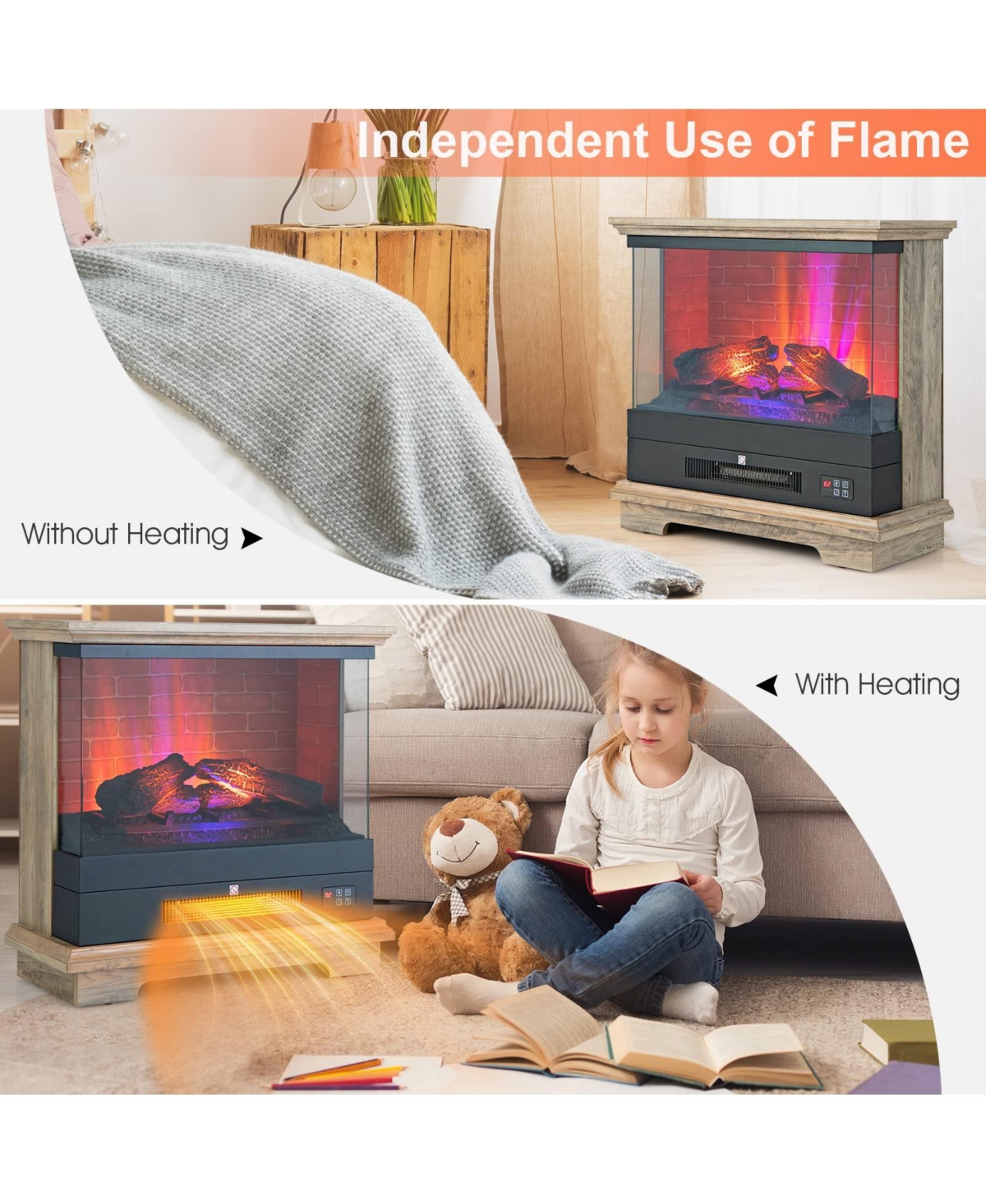 Sugift Freestanding Electric Fireplace with 3-Level Vivid Flame Thermostat