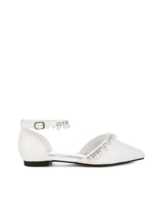 Aouva Rhinestone & Pearl Ankle Strap Flat Sandals