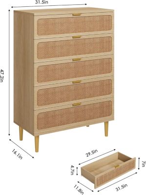 5 Drawer Dresser for Bedroom, Rattan Chest of Drawers with Deep Drawers
