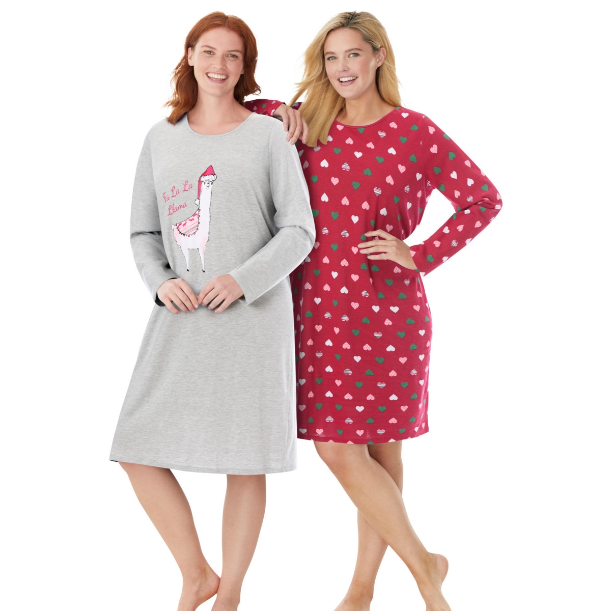 Women's Plus Size 2-Pack Long-Sleeve Sleepshirt - Pool blue animal heart