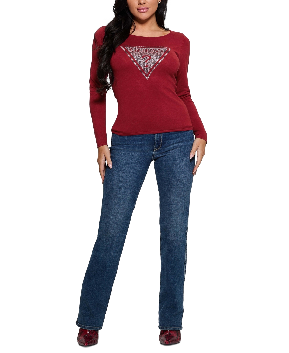 GUESS WOMEN'S ELIZA RHINESTONE-LOGO BOAT-NECK SWEATER 