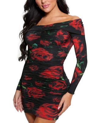 GUESS - Women's Miriana Rose-Print Off-The-Shoulder Dress