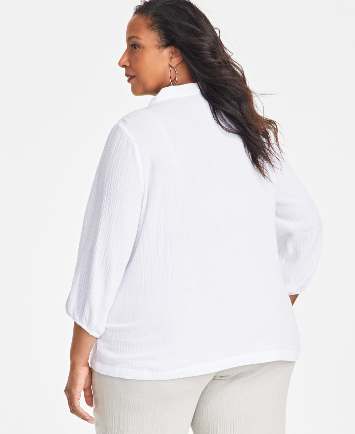 JM COLLECTION PLUS SIZE EMBELLISHED COLLAR COTTON GAUZE TOP, EXCLUSIVELY AT MACY'S 