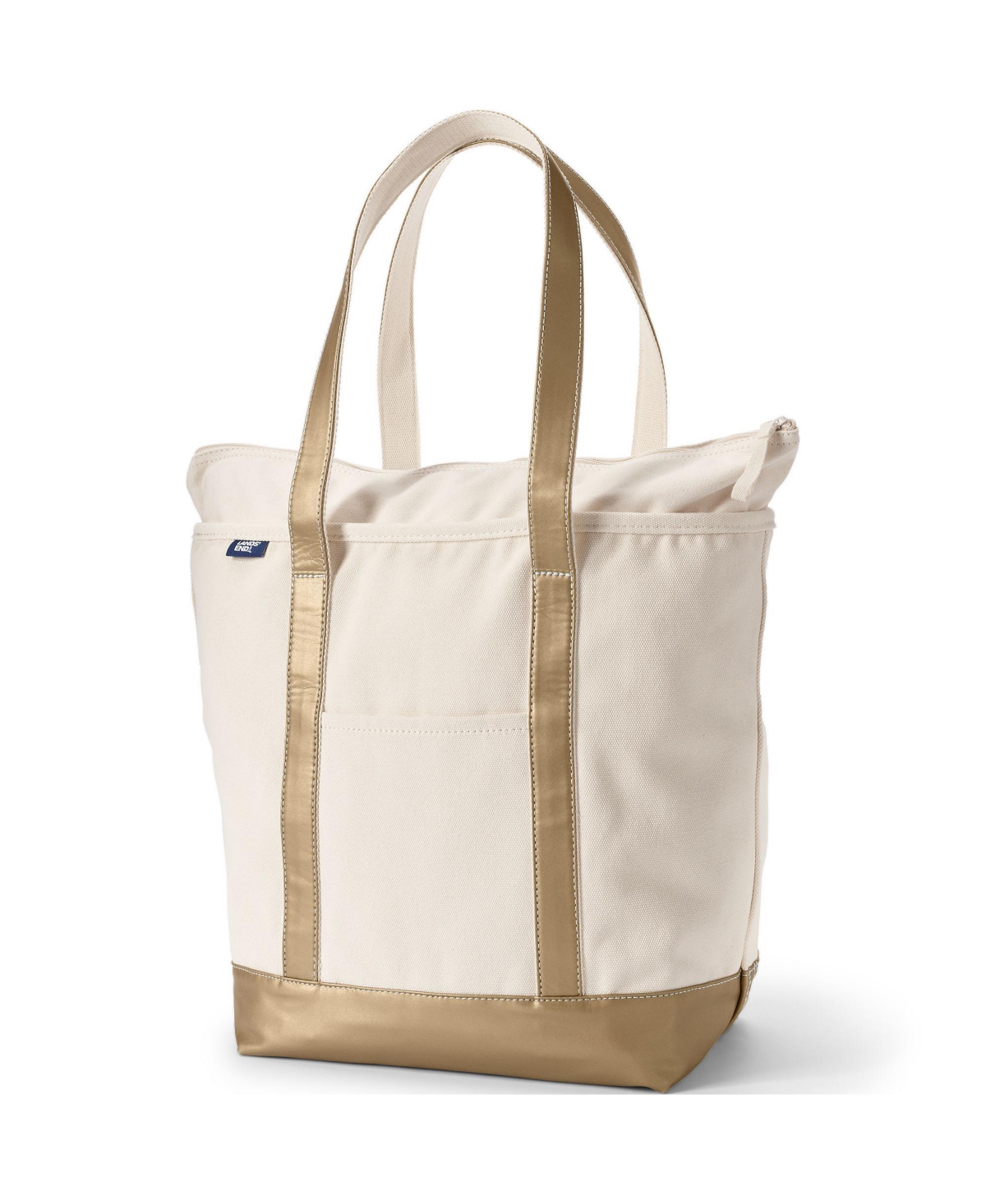 Lands' End Metallic 5 Pocket Zip Top Long Handle Canvas Tote Bag -bronze metallic