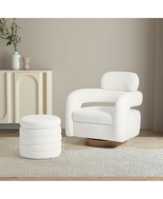 Modern Faux Sherpa Swivel Barrel Accent Chair With Storage Ottoman